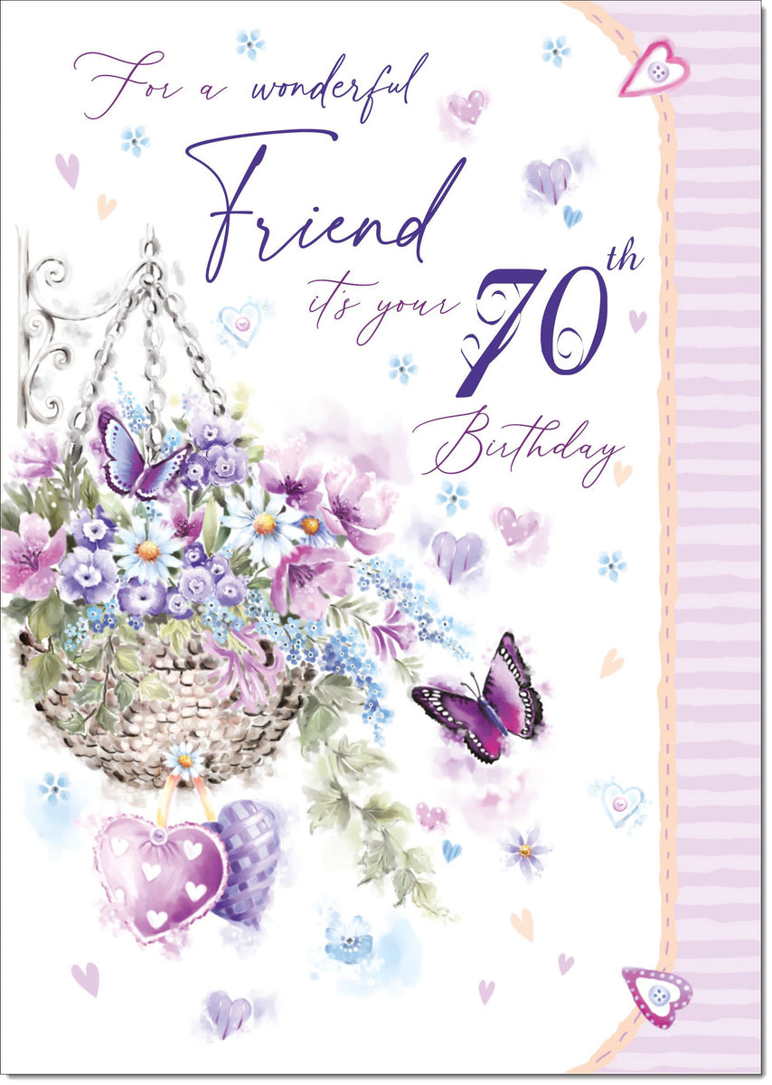 Friend 70th Birthday Card Age 70 Purple Hanging Basket – doodlecards