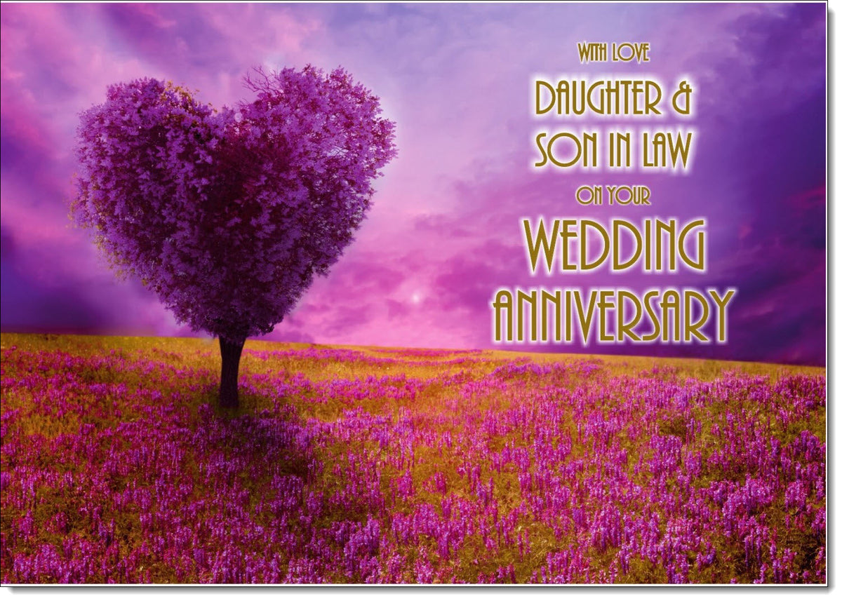 Daughter & Son-in-Law Wedding Anniversary Card Purple Love Heart Tree