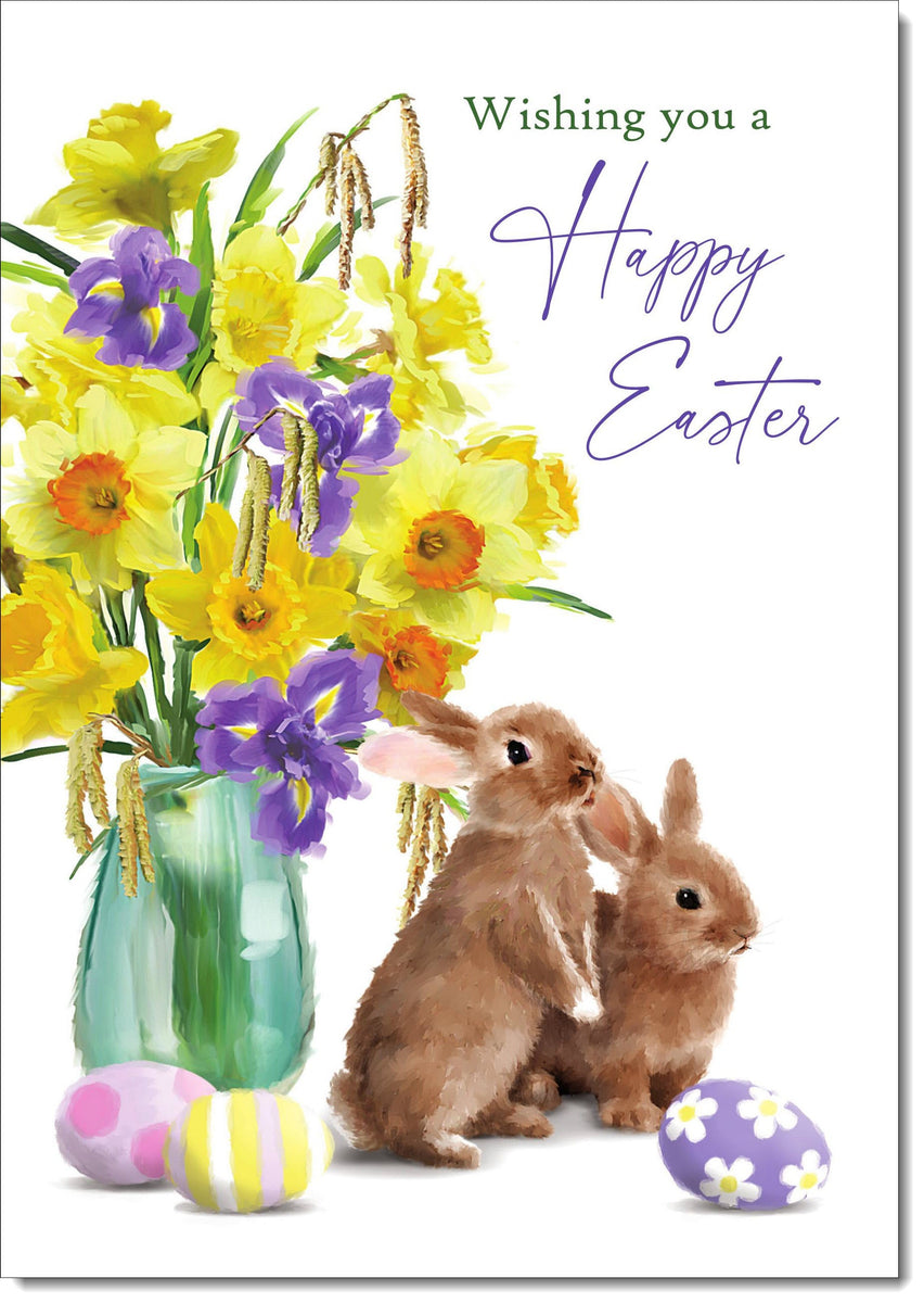 Pack of 10 Easter Cards Vase of Daffodils with Bunnies and Eggs ...