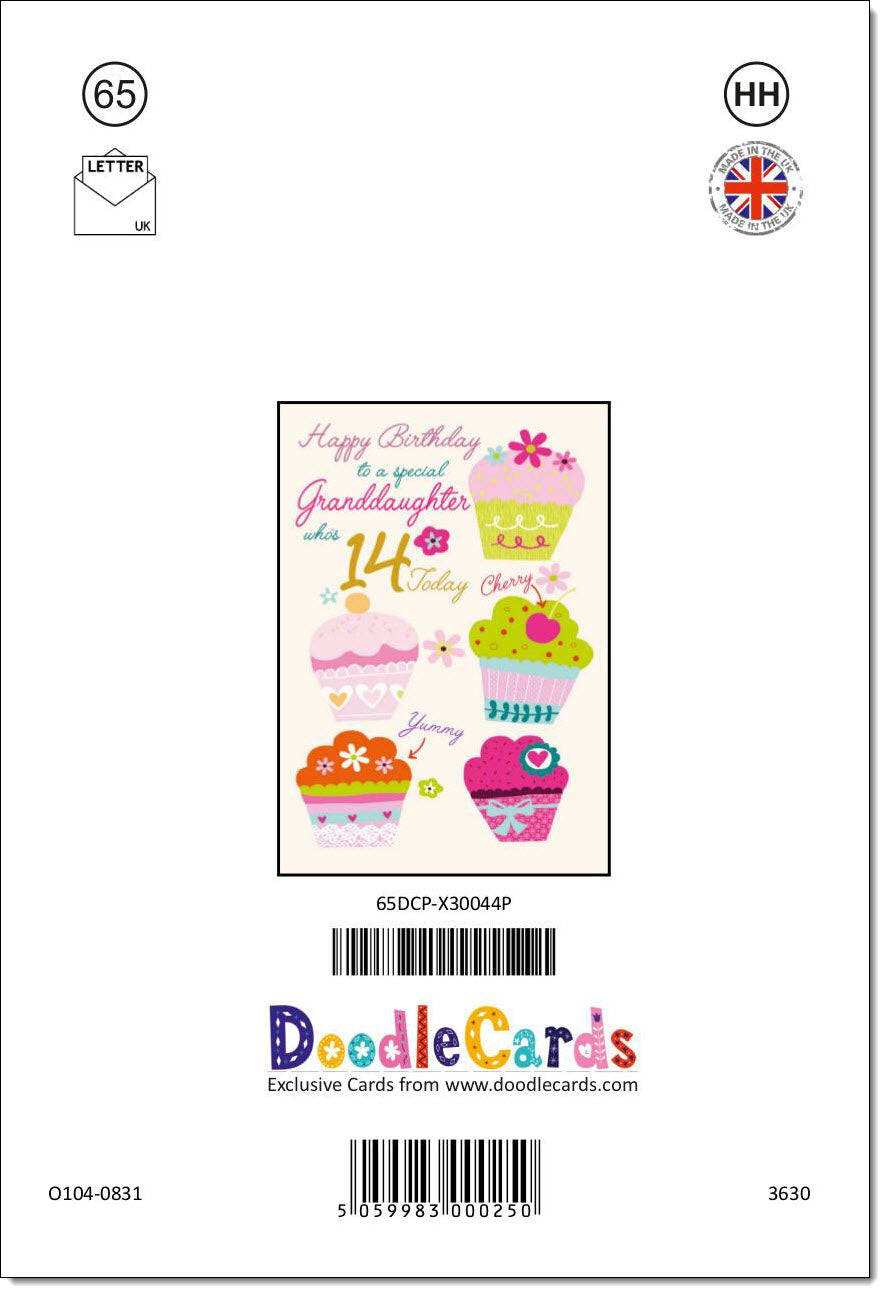 granddaughter 14th birthday card age 14 bright cupcakes – doodlecards