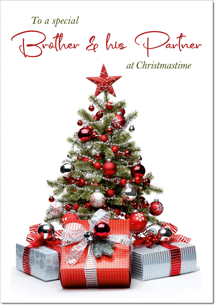 Brother & Partner Christmas Card Christmas Tree and Parcels – doodlecards