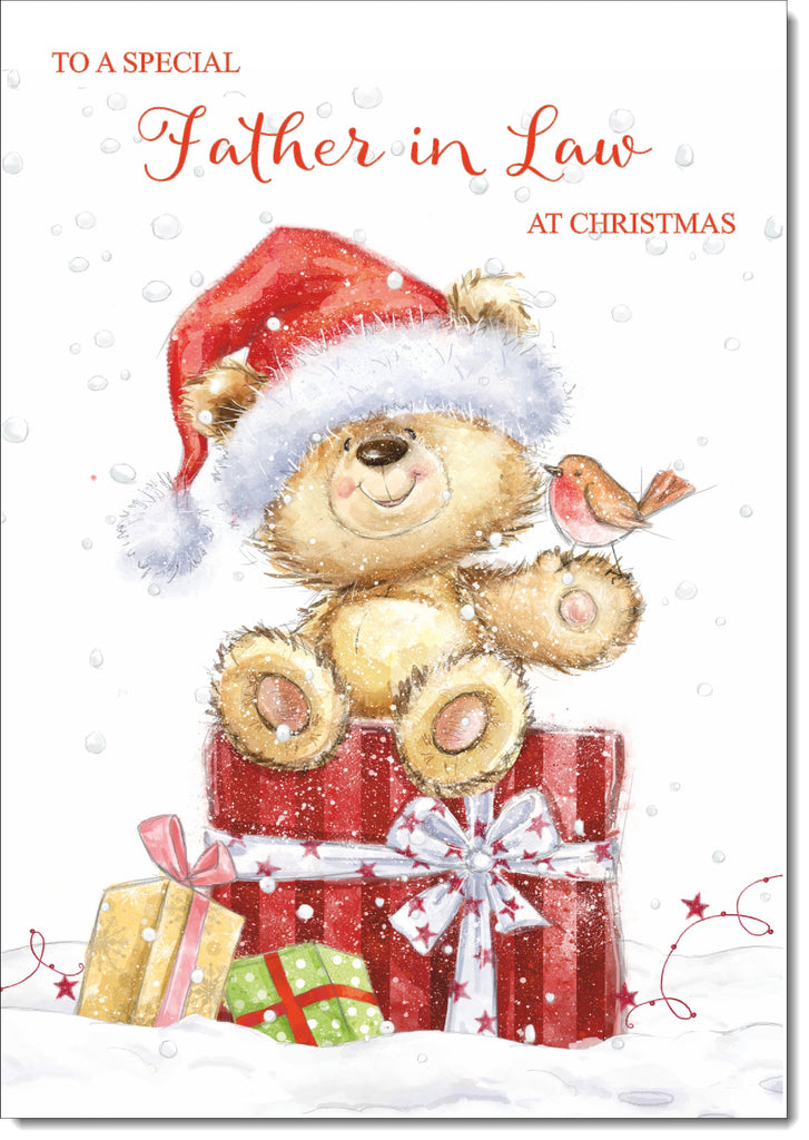 Father-in-Law Christmas Card Cute Bear on Parcel – doodlecards
