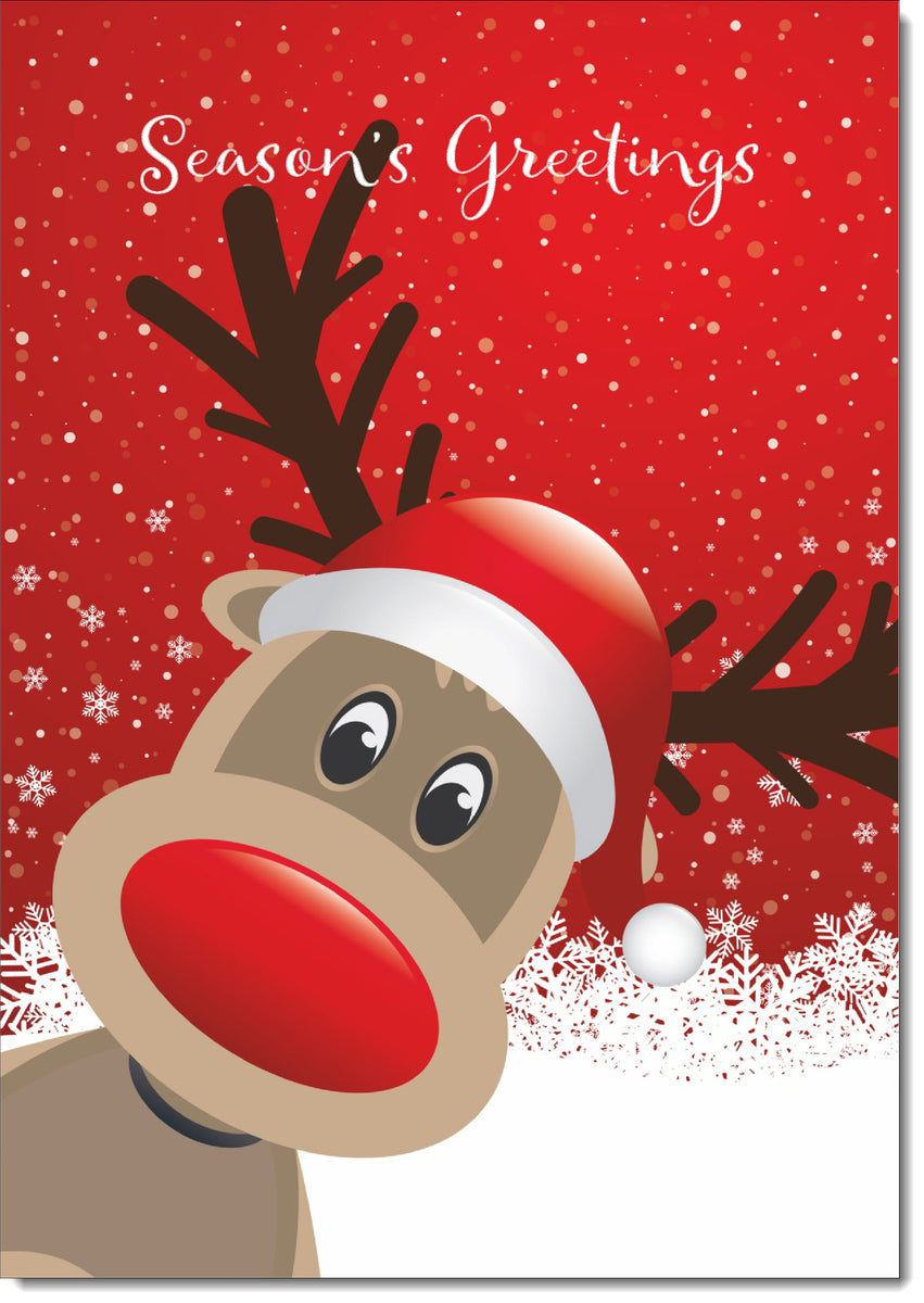 Seasons Greetings Christmas Card Rudolph in Snow – doodlecards
