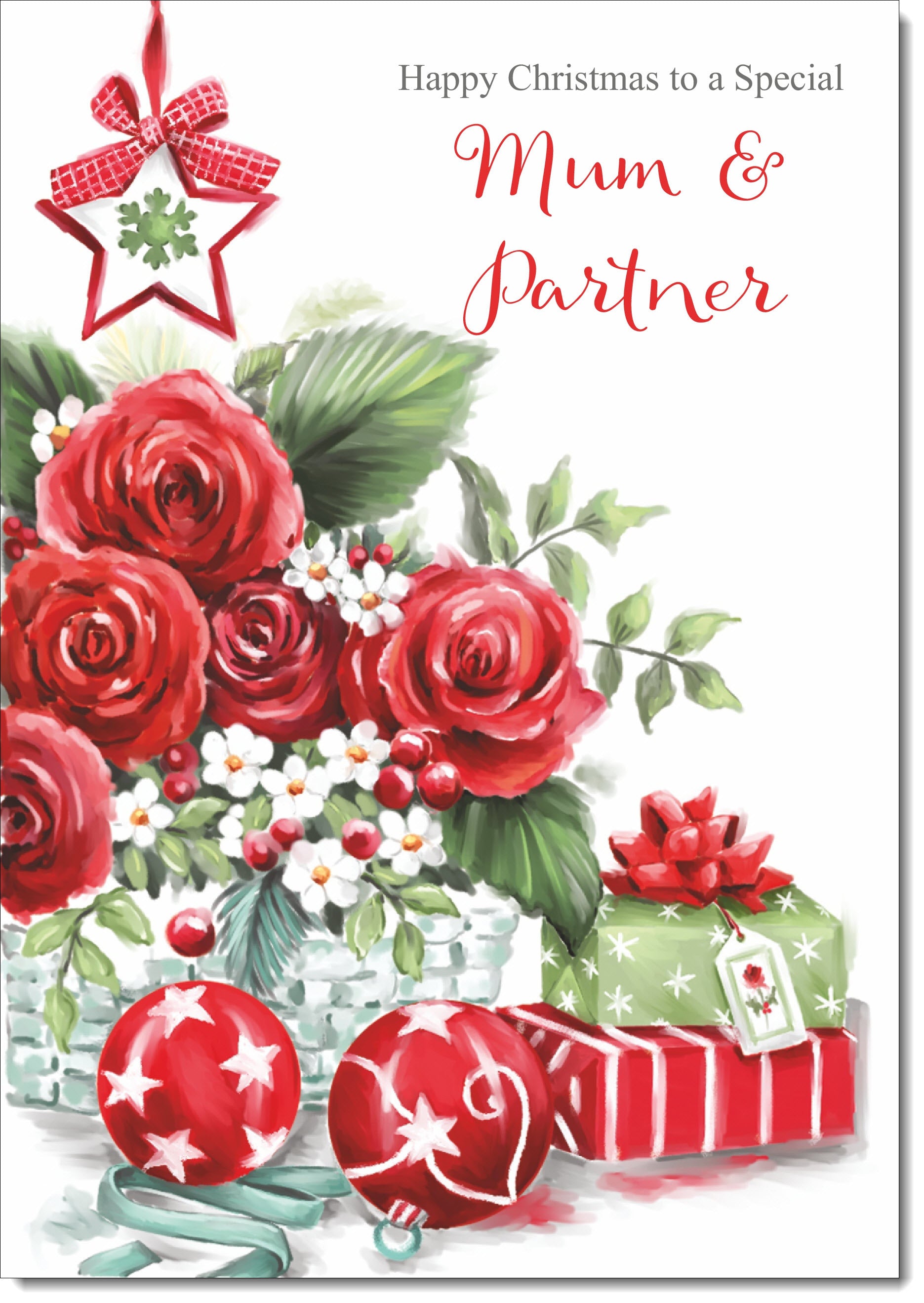 Mum \u0026 Partner Christmas Card Red Christmas Roses – doodlecards, image size:1871x2637