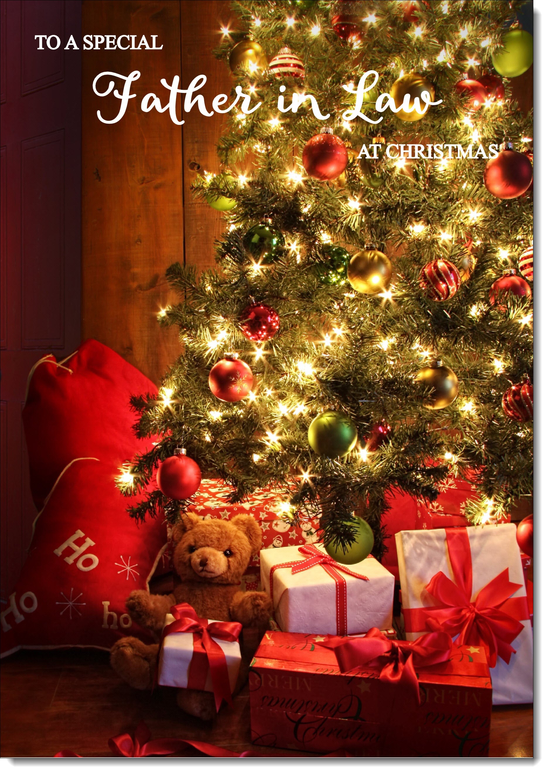 Father-in-Law Christmas Card Teddy by Christmas Tree – doodlecards