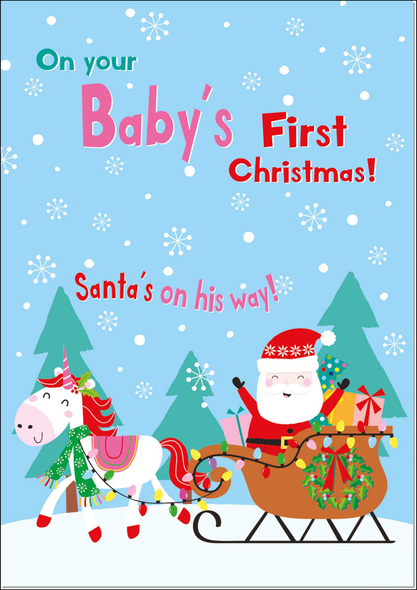 Babys 1st Christmas Card Magic Santa's Sleigh With Unicorn – doodlecards