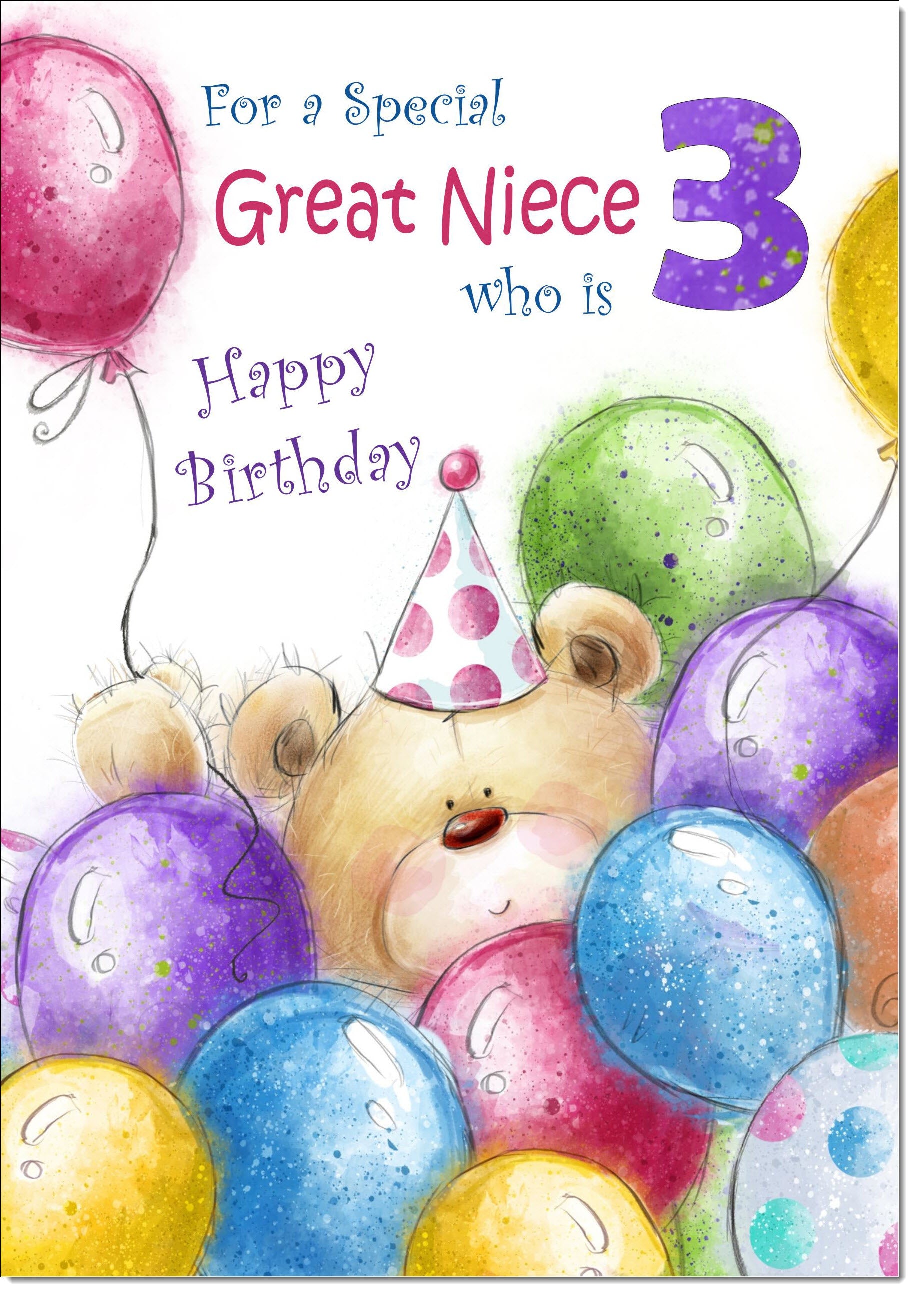 Great Niece 3rd Birthday Card Age Cute Teddy Bear in Balloons