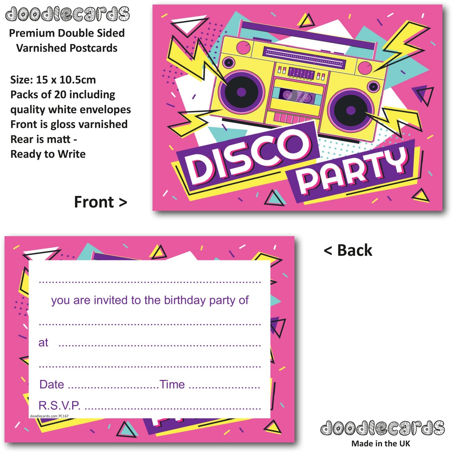 Birthday Party Invitations Disco 20 Cards and 20 Envelopes – doodlecards