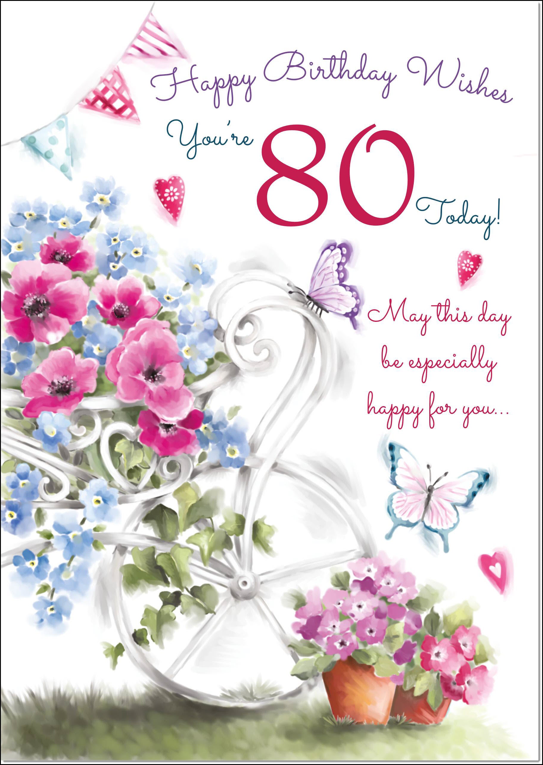 80th Birthday Card Age 80 for Her Garden Wheelbarrow Bouquet