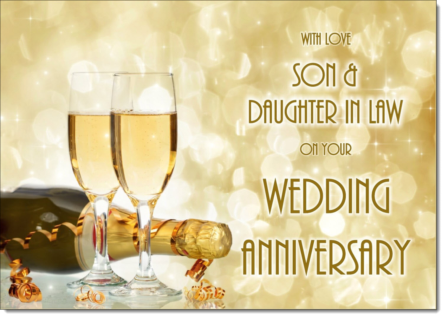 Son & Daughter-in-Law Wedding Anniversary Card Champagne Bottle and Gl