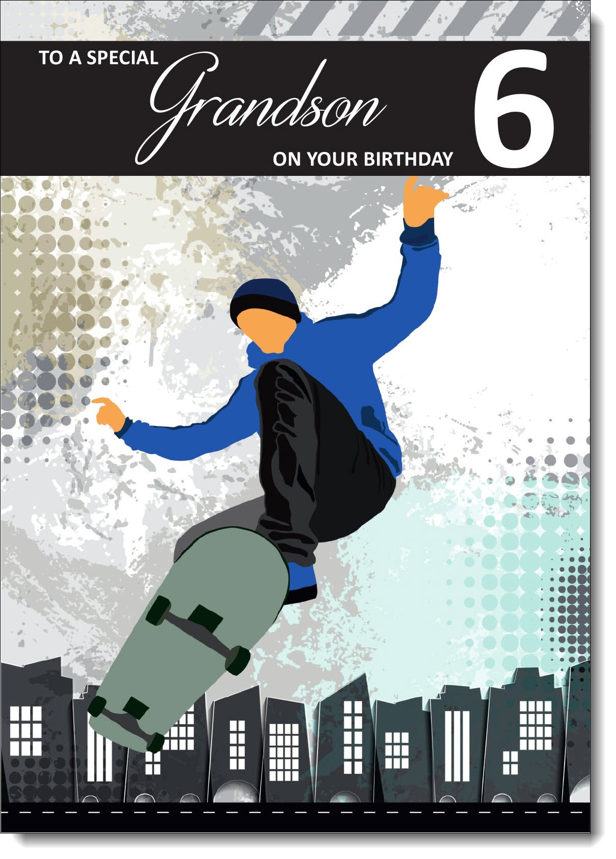Old English Co. Grandson 6th Birthday Card Boy Or Girl - Age Six - Skateboard Dinosaur Birthday