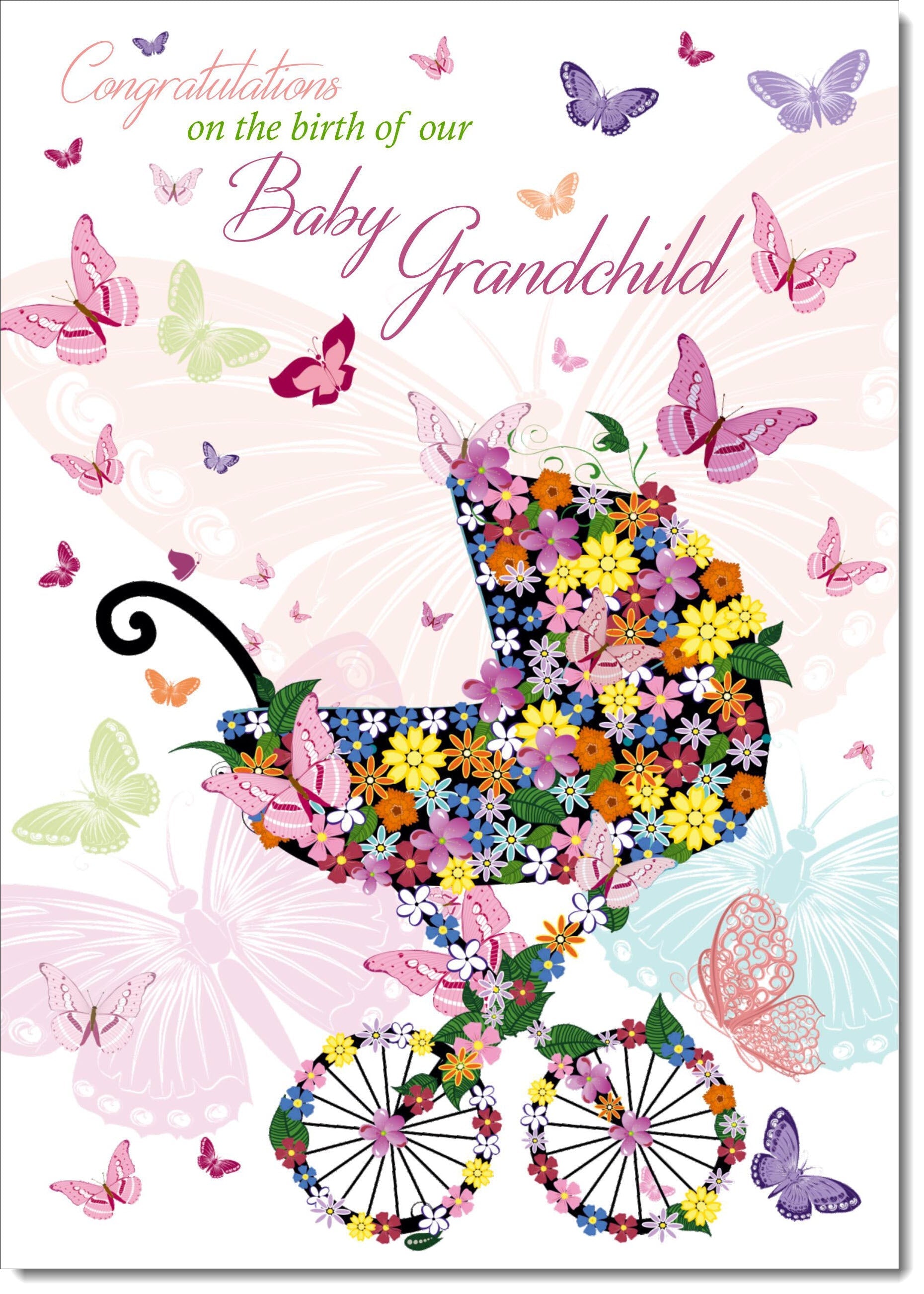On The Birth Of Our Grandchild New Baby Congratulations Card Butterfly Pram
