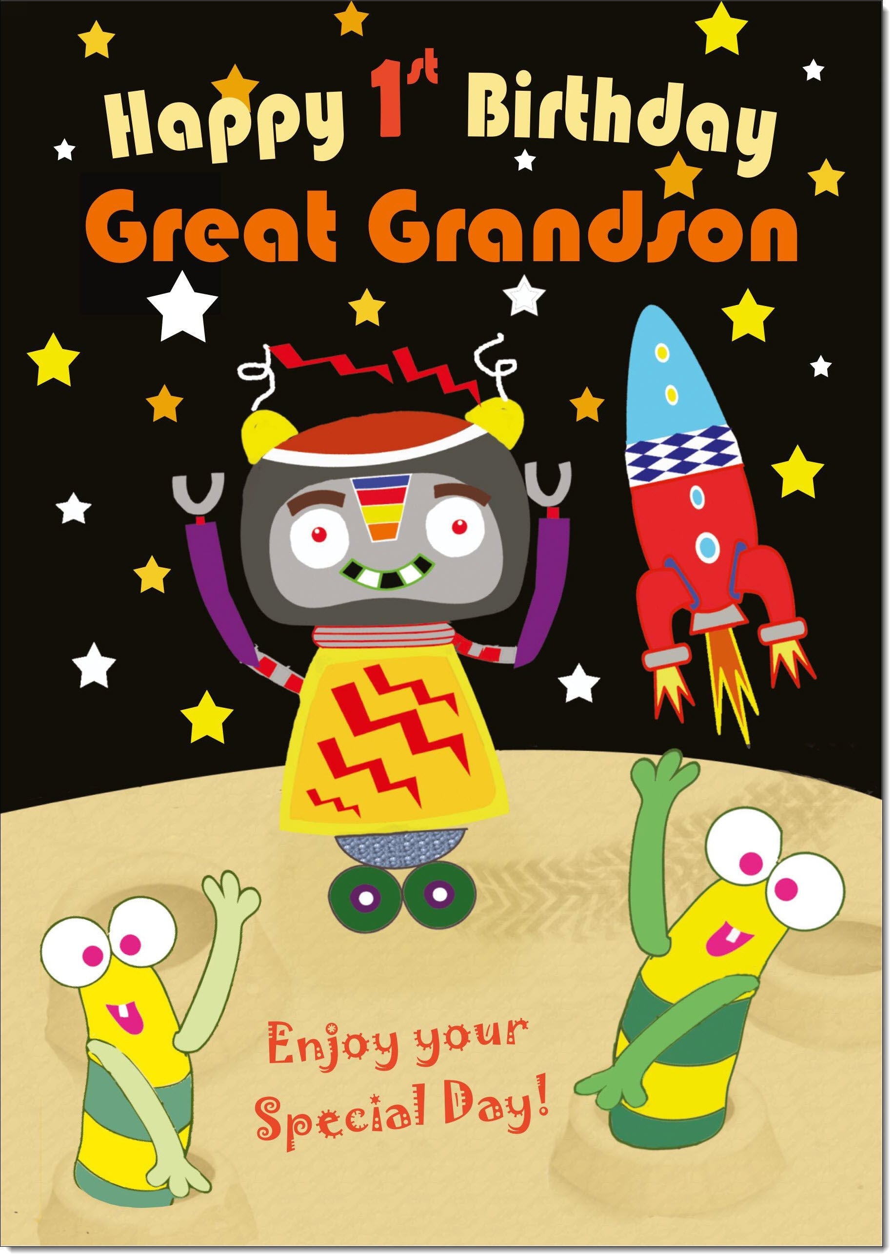 Birthday Card, Great Grandson Rocket and Stars, text foiled in Birthday Card, Great Grandson Rocket and Stars, text foiled in
