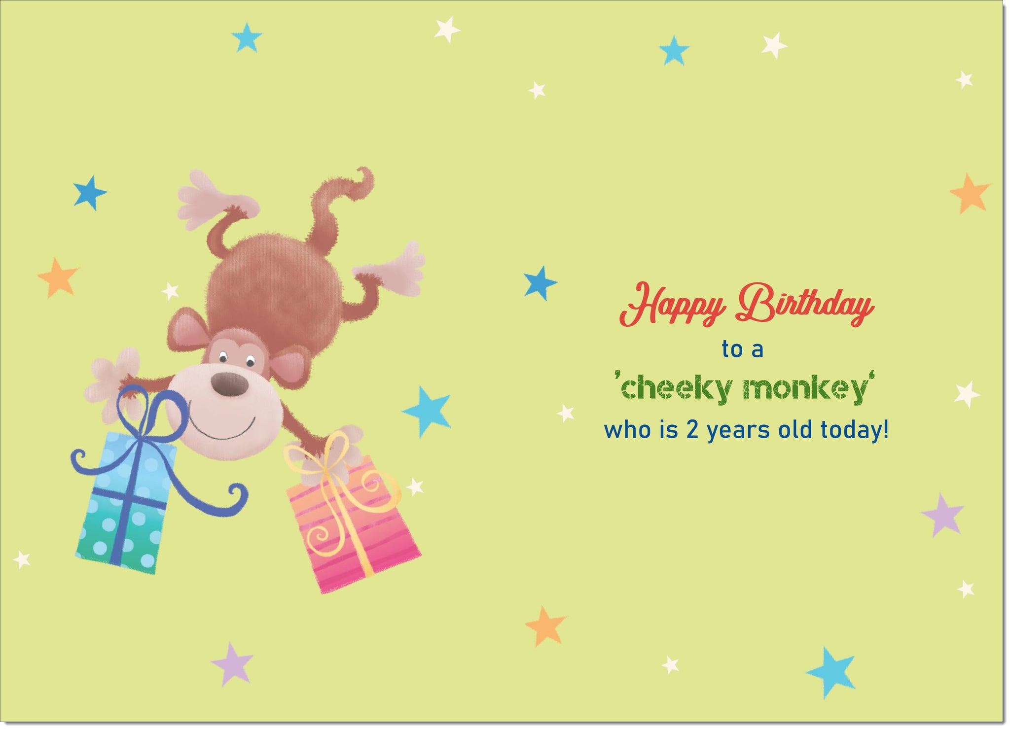 Handgefertigte Geburtstagskarte „Cheeky Monkey“ Zum 2. Geburtstag – 16x16 Cm, Mit Glitzer, Blanko Innen