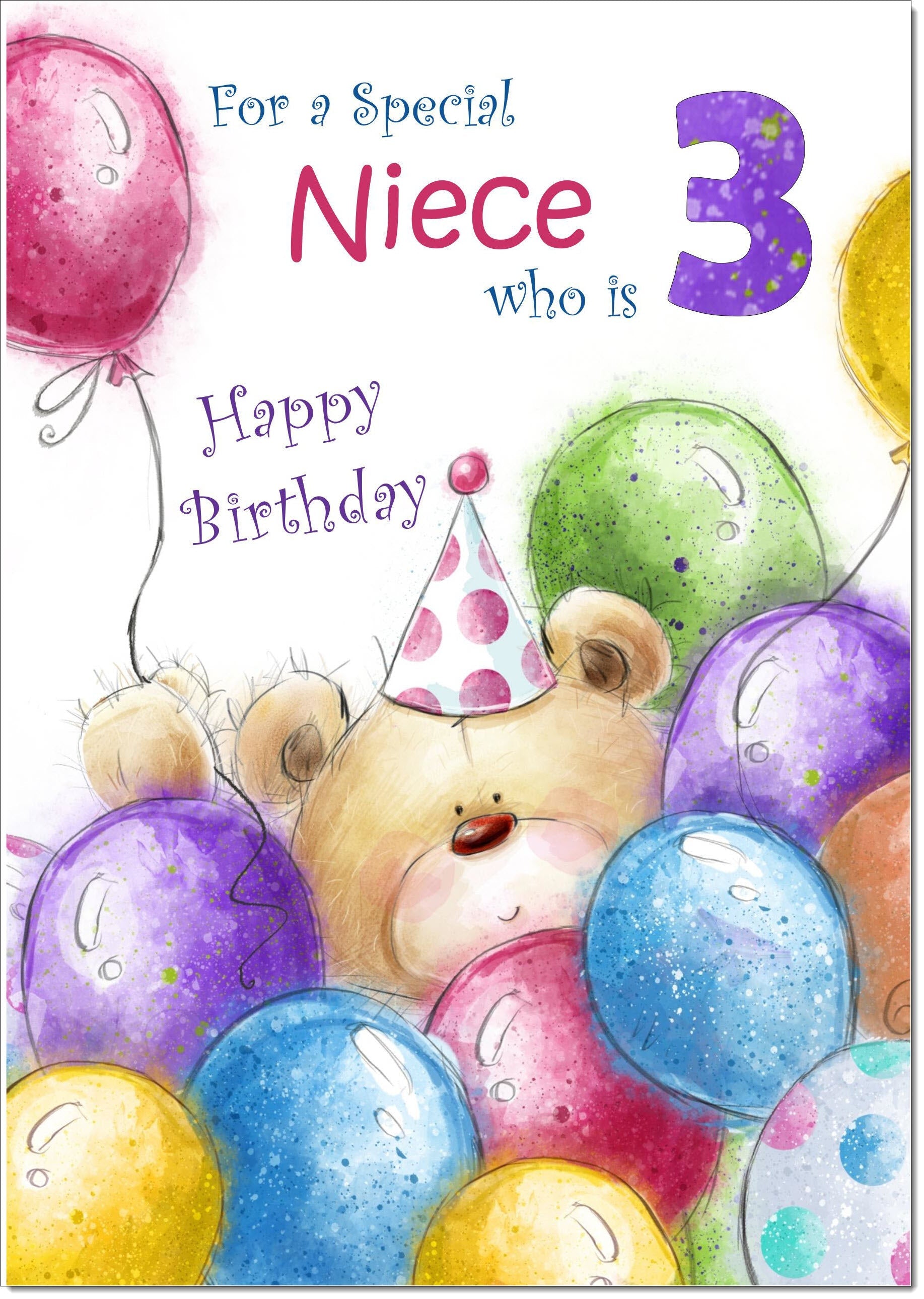Niece 3rd Birthday Card Age Cute Teddy Bear in Balloons